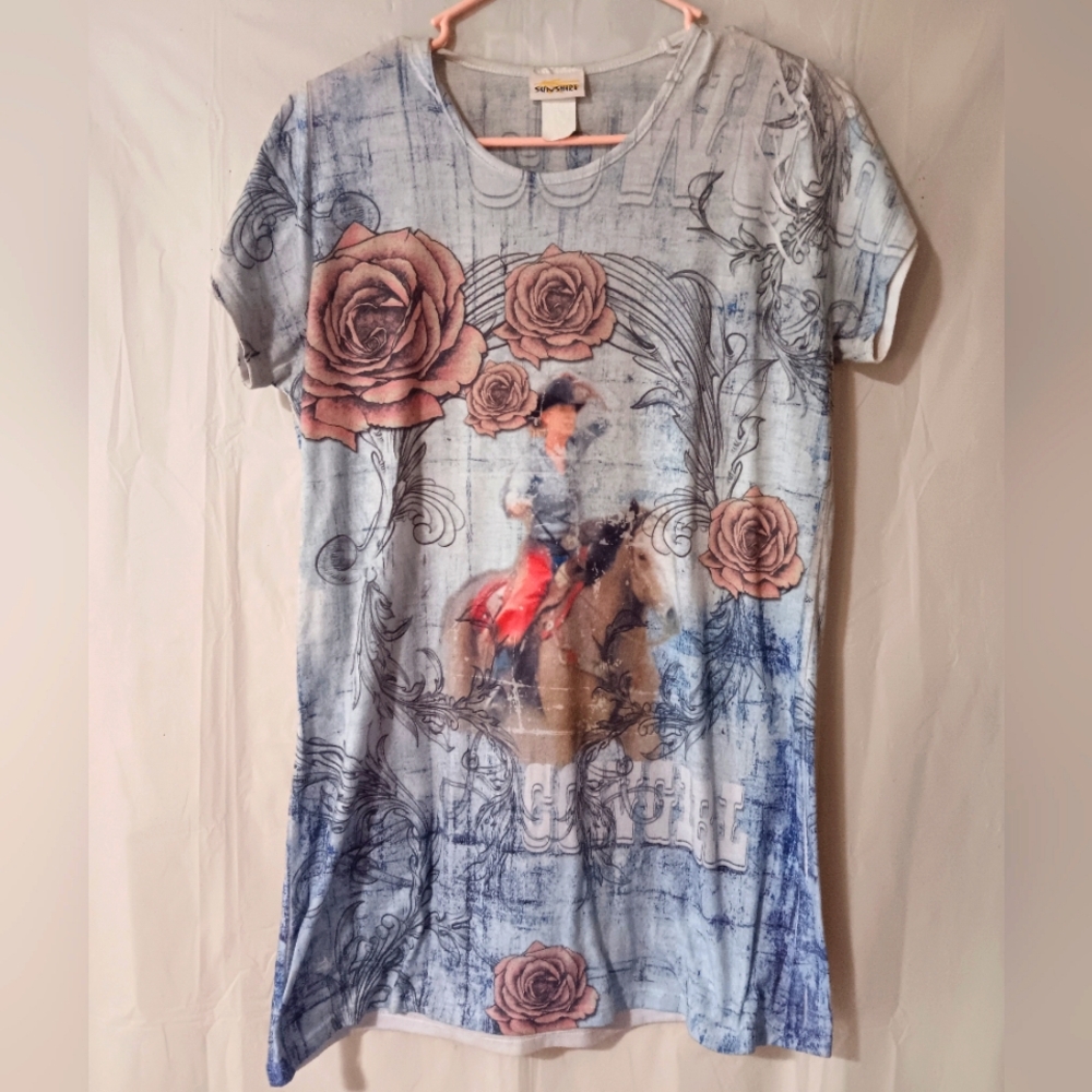 Graphic Tee with Floral and Rider Design